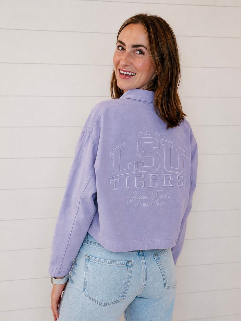 Women's Light Purple LSU Officially Licensed Collegiate Embroidered Canvas Jacket - Hendryx Boutique LLC