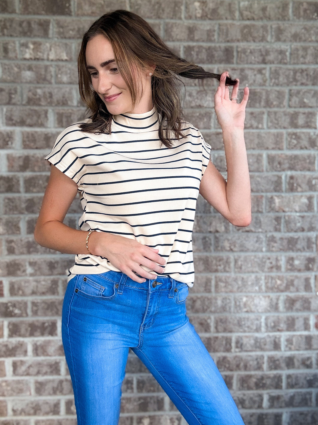 Women's Khaki Striped Mock Neck Short Sleeve Top - Hendryx Boutique LLC