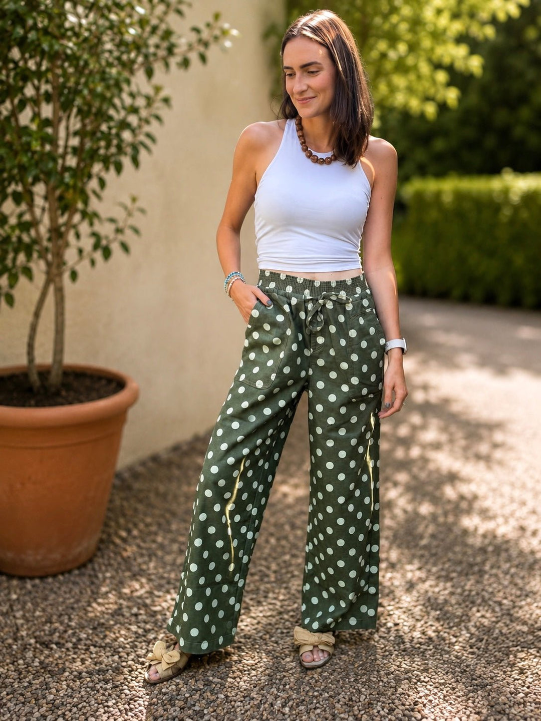 Women's Vintage Olive Relaxed Wide Leg Polka Dot Drawstring Pants - Hendryx Boutique LLC