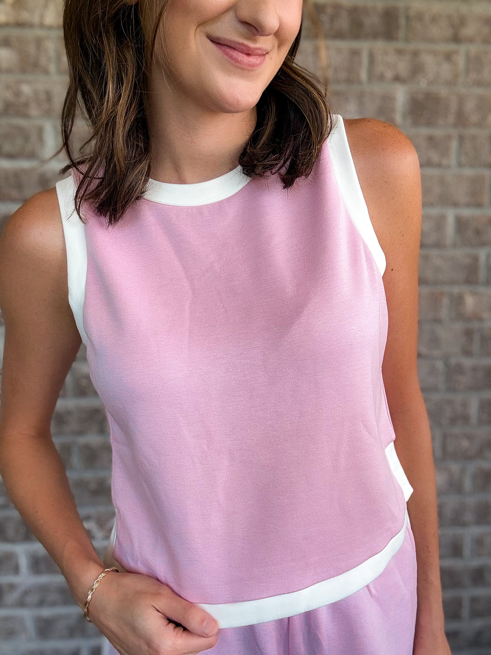 Women's Pink Colorblock Trim Cropped Tank and Pants Set - Hendryx Boutique LLC