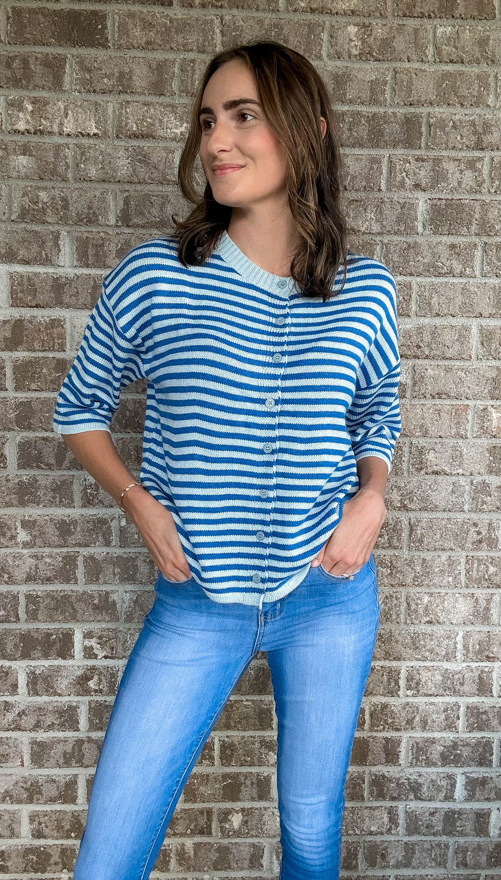 Women's Blue Striped Short Sleeve Button Down Cardigan - Hendryx Boutique LLC