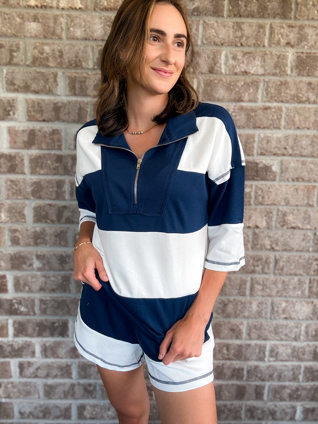 Women's Navy Striped Colorblock Half-Zip Top and Shorts Set - Hendryx Boutique LLC