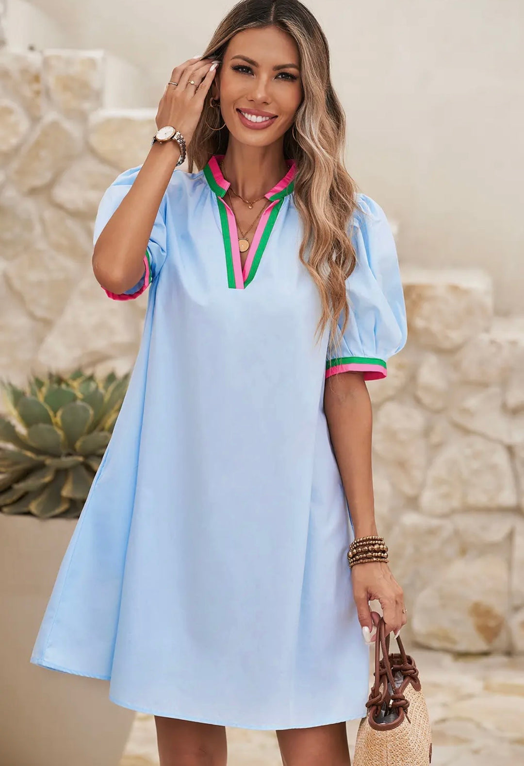 Contrast Trim Puff Sleeve Dress