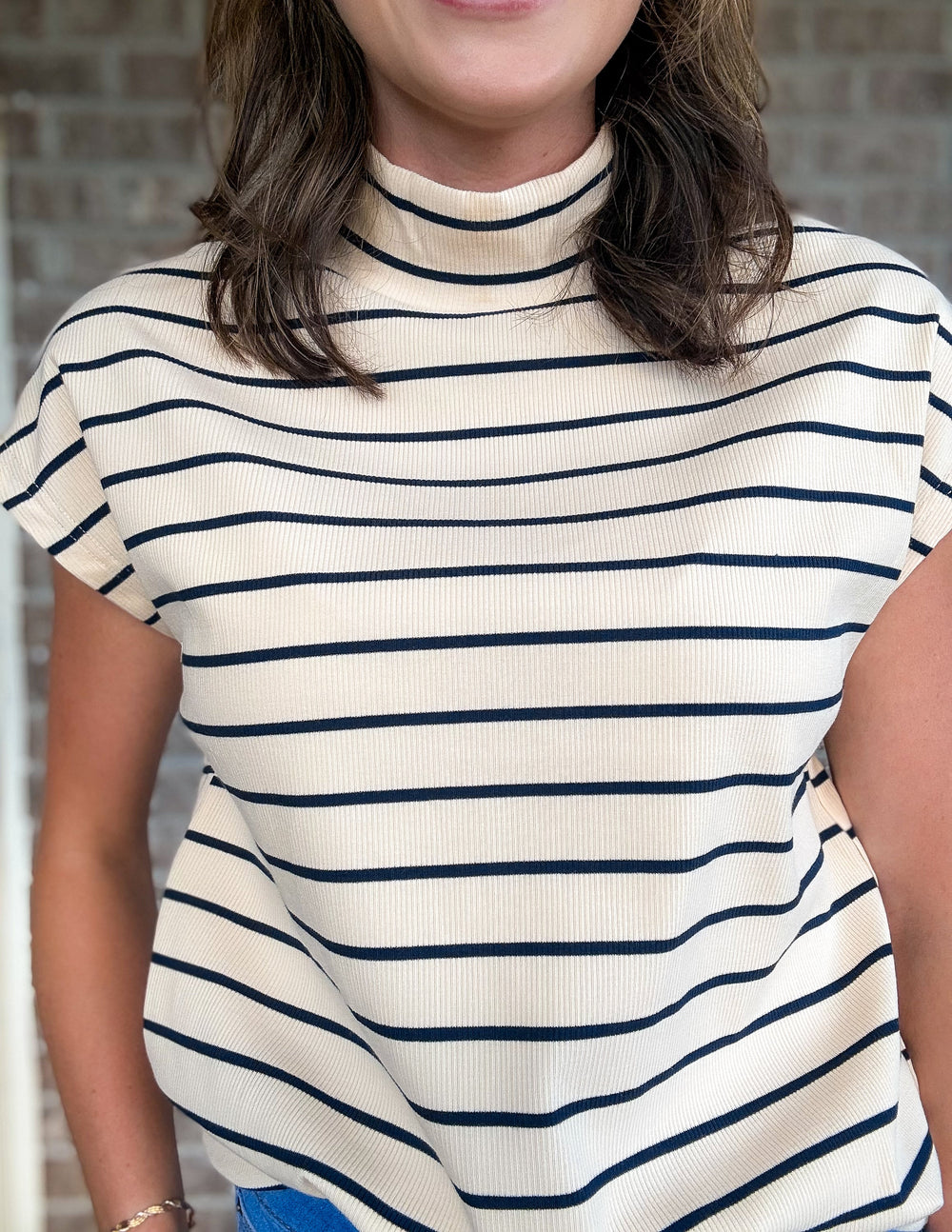 Women's Khaki Striped Mock Neck Short Sleeve Top - Hendryx Boutique LLC