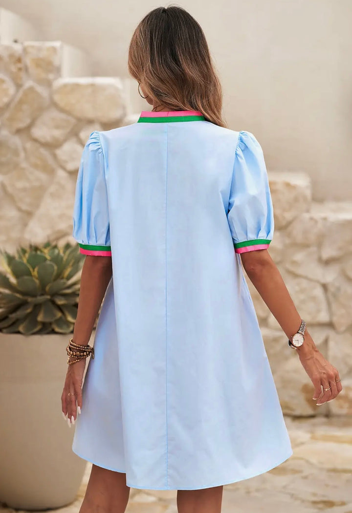 Contrast Trim Puff Sleeve Dress