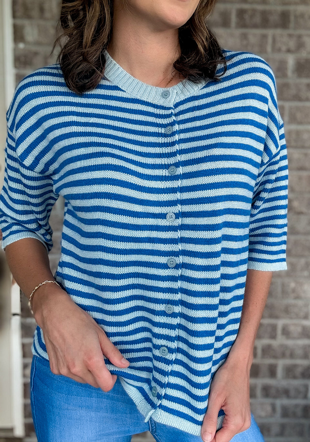 Women's Blue Striped Short Sleeve Button Down Cardigan - Hendryx Boutique LLC