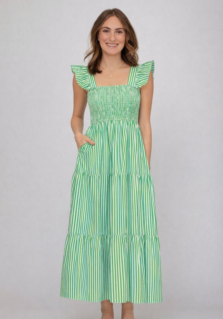 Green Striped Smocked Dress