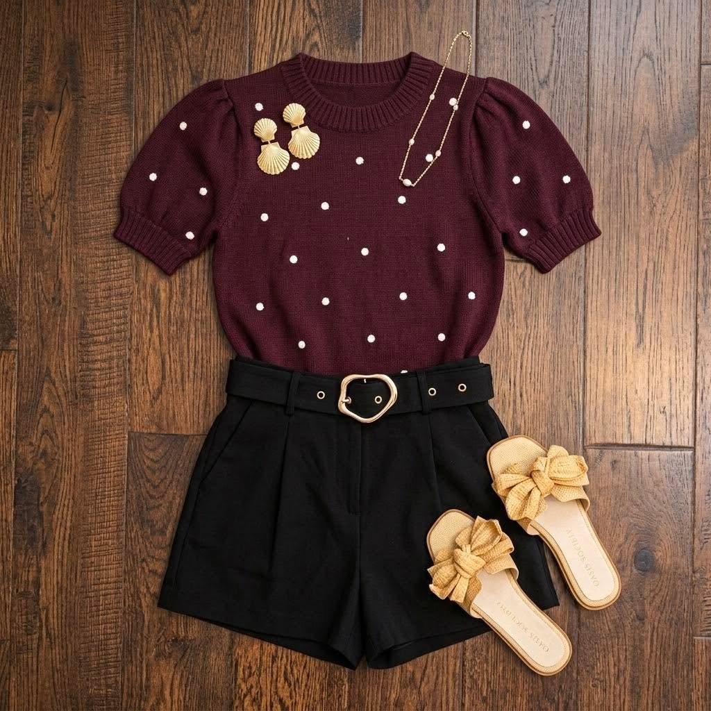 Women's Plum Round Neck Puff Sleeve Polka Dot Embroidered Sweater - Hendryx Boutique LLC